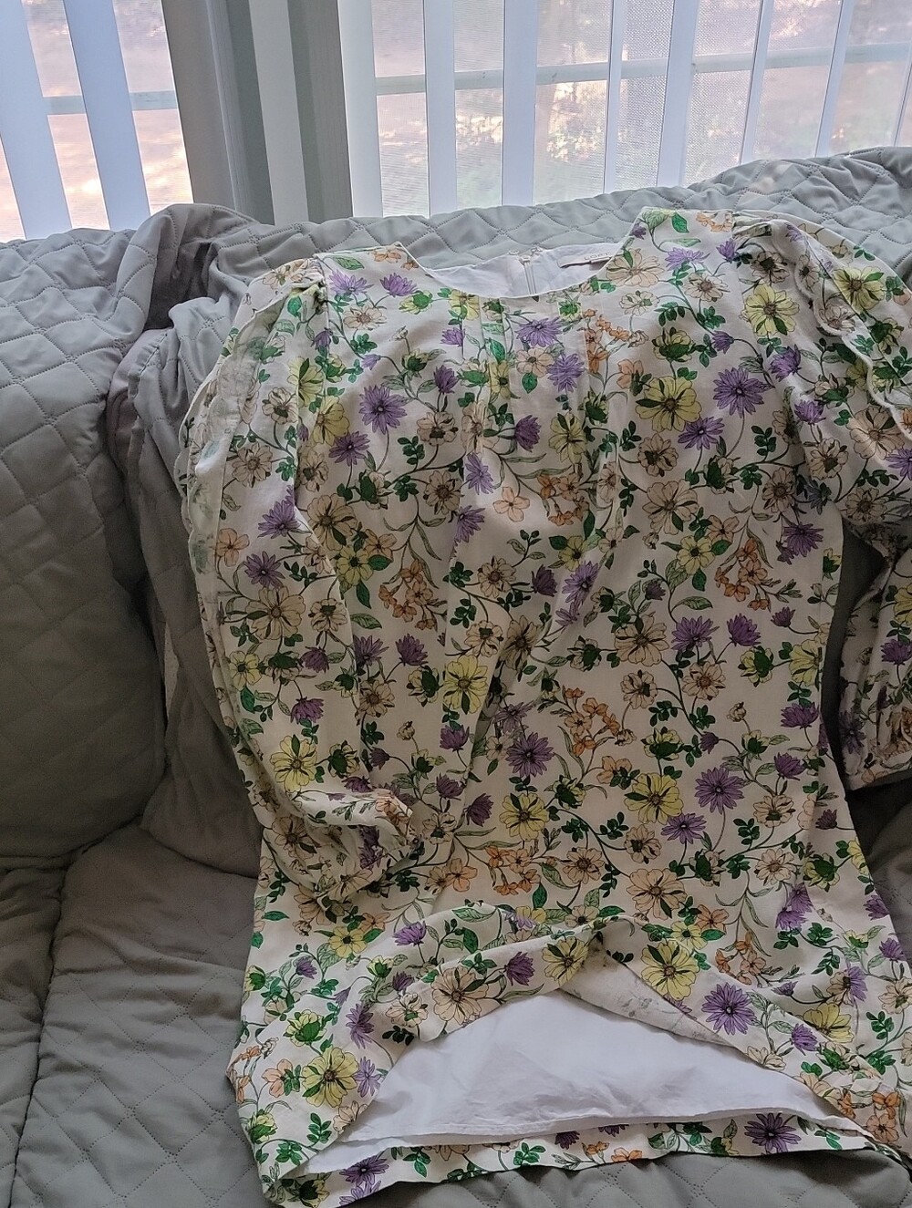 LOFT Cream Floral Midi Dress with Purple, Yellow and Green Blooms